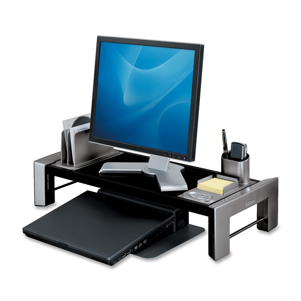 Flat panel workstation adjusts in height from 2-1/2" to 4-1/2"